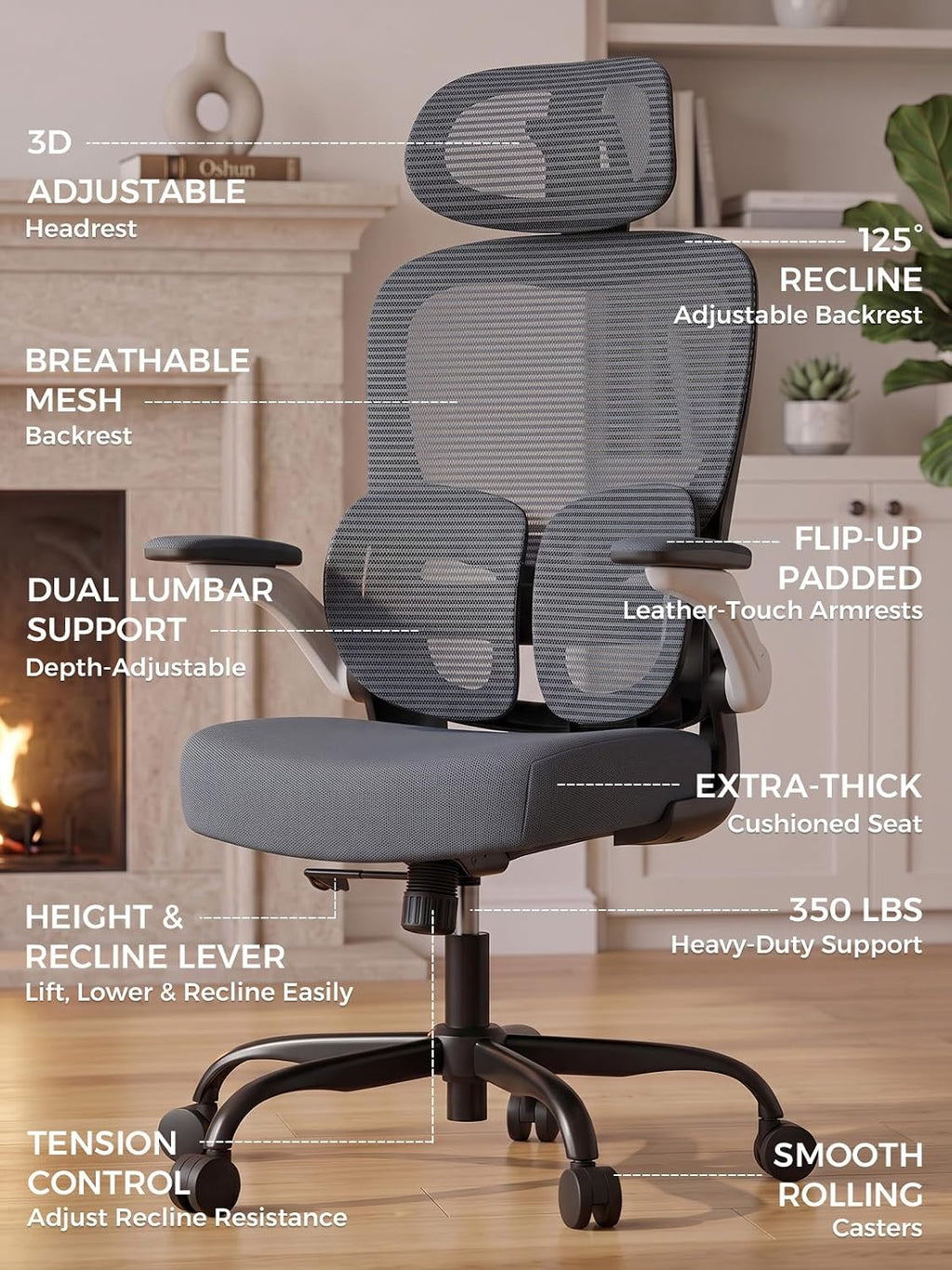 Ergonomic Office Desk Chair, Adjustable Dual Lumbar Support & Thick Seat