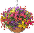 Grunyia Artificial Hanging Flowers Basket with Colorful Silk Daisies & Eucalyptus - UV/Sun-Resistant Plant for Outdoor Porch, Patio, Balcony - Indoor/Outdoor Home Decor