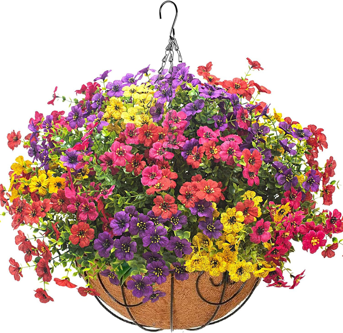 Grunyia Artificial Hanging Flowers Basket with Colorful Silk Daisies & Eucalyptus - UV/Sun-Resistant Plant for Outdoor Porch, Patio, Balcony - Indoor/Outdoor Home Decor