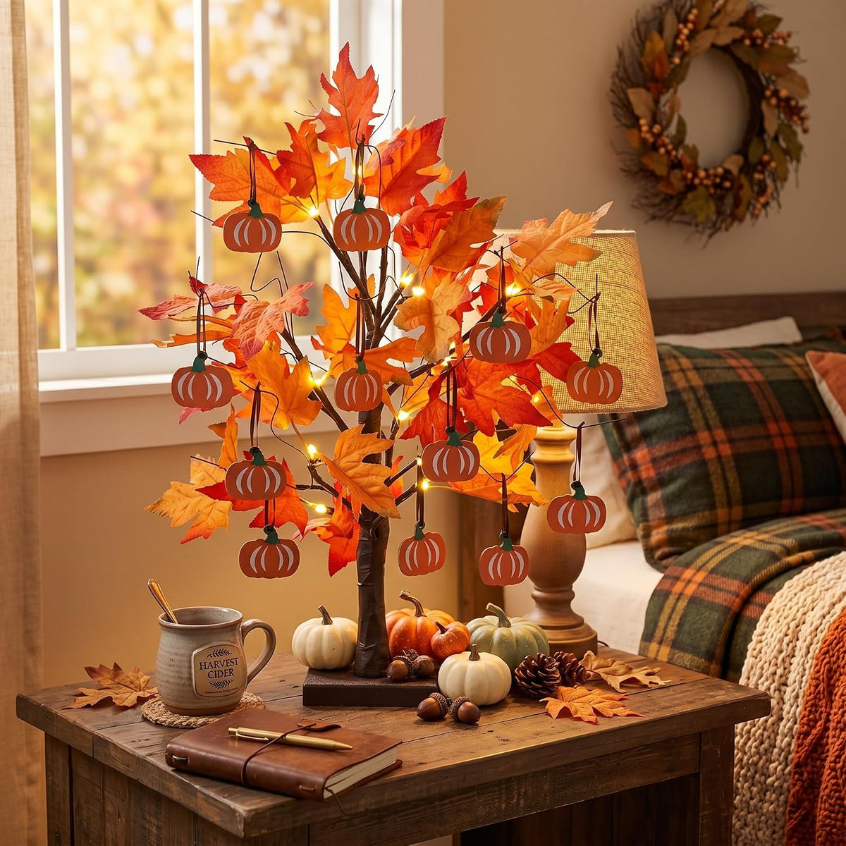hogardeck Fall Decorations for Home, Thanksgiving Decorations, 24”2FT Lighted Maple Leaves Tree with 24 LEDs & 12 Wood Pumpkin Ornaments, Battery Powered Timer Artificial Trees for Autumn Table Decor