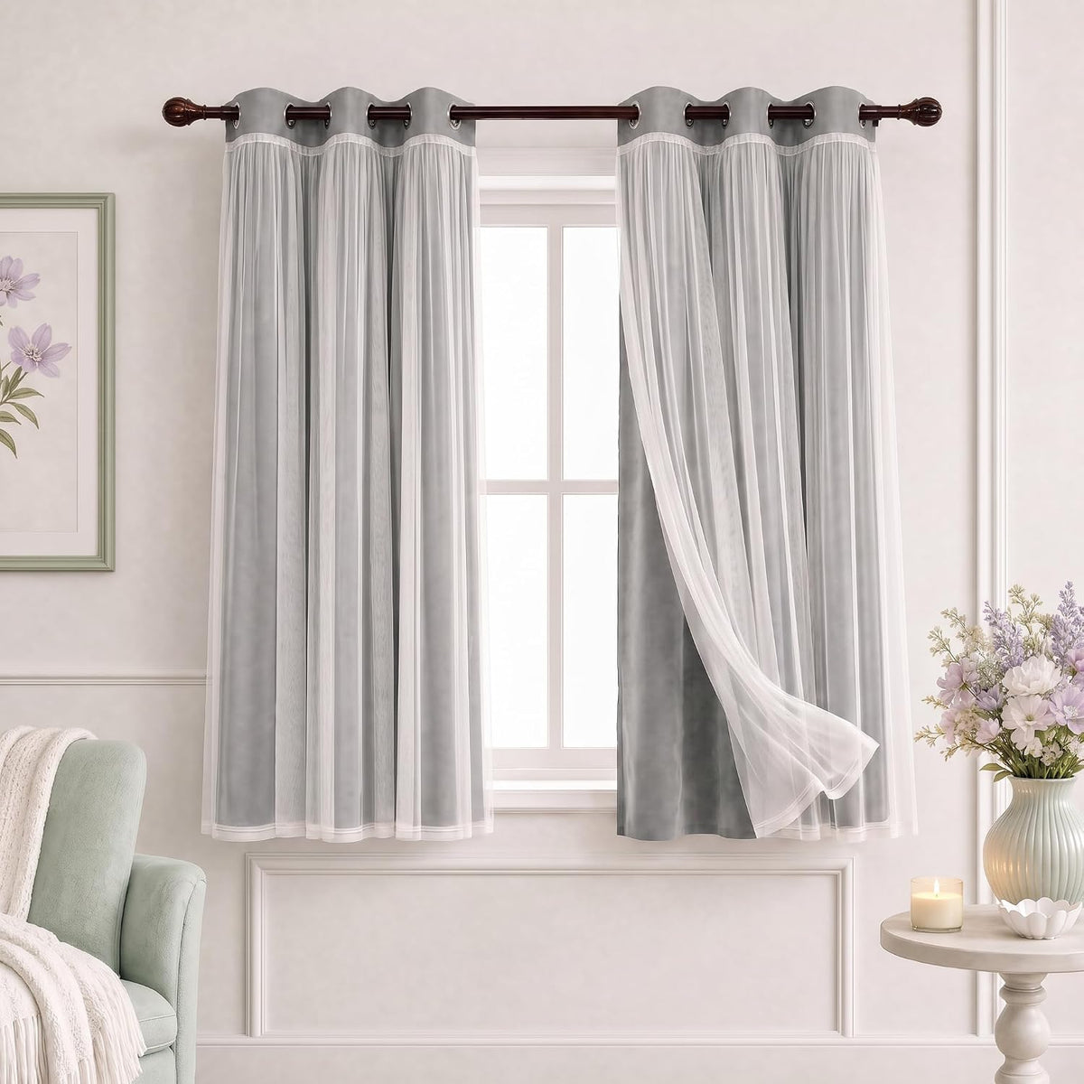 INLINAS Blackout Curtains with Sheer Overlay, Light Grey, 37x72 Inches