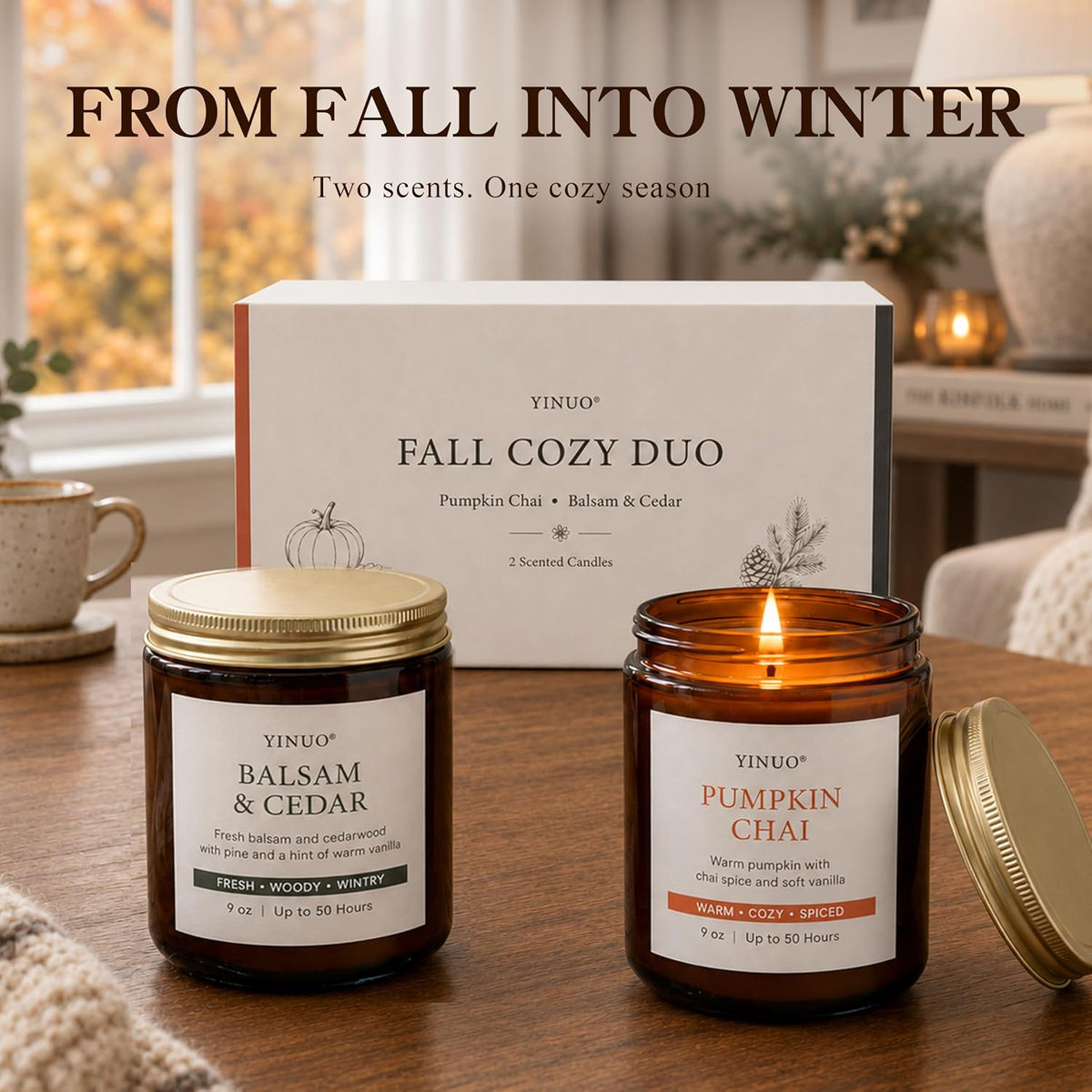 Fall Scented Candles Gift Set, 2 Pack 9oz, Pumpkin Chai & Balsam Cedar