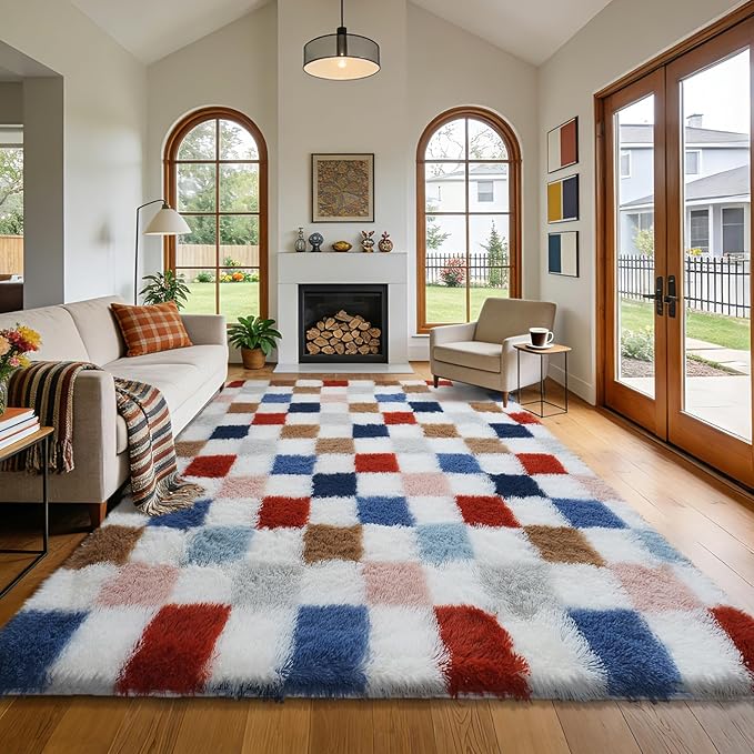 Shag Area Rug for Bedroom Living Room, 6x9 Fluffy Soft Colorful Checkered Rug by Boshengya