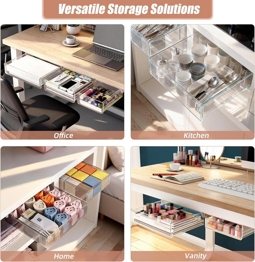 3 Pack Under Desk Drawer Slide Out Storage Organizer, Clear White 3 Sizes (S/M/L), Dual-Mount Hidden Table Tray for Tablets, Planners & Office Supplies