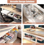 3 Pack Under Desk Drawer Slide Out Storage Organizer, Clear White 3 Sizes (S/M/L), Dual-Mount Hidden Table Tray for Tablets, Planners & Office Supplies