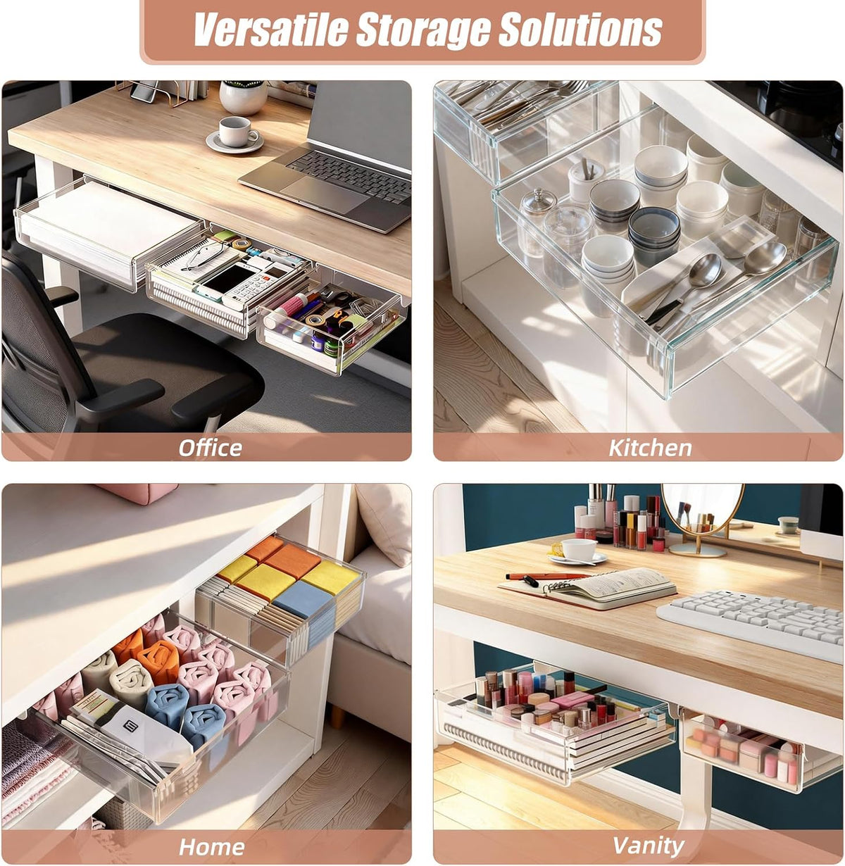 3 Pack Under Desk Drawer Slide Out Storage Organizer, Clear White 3 Sizes (S/M/L), Dual-Mount Hidden Table Tray for Tablets, Planners & Office Supplies