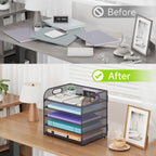 Cawukege 5 Tier Paper Organizer with Handle, Grey Metal Mesh Desk Organizer File Folder Paper Letter Tray Desktop Document Sorter for Classroom, School, Office Accessories Organization and Storage