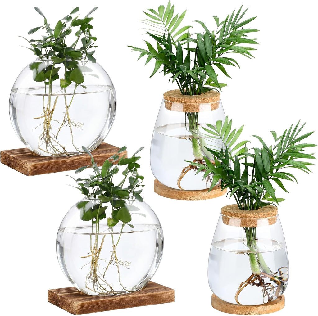 Layhit 4 Pcs Plants Propagation Stations vases Glass Planters with Wooden Lid and Bamboo Stand for Hydroponic Plants Gardening Gifts for Women Mom Home Office Tabletop Decoration(Classic Style)