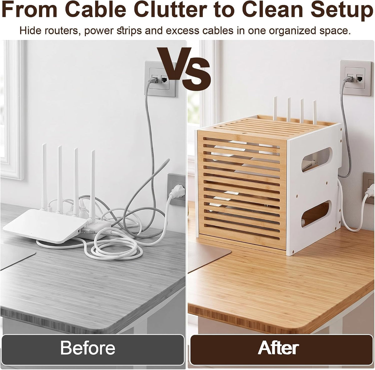 WiFi Router Box Hider with Cable Management, Bamboo, White
