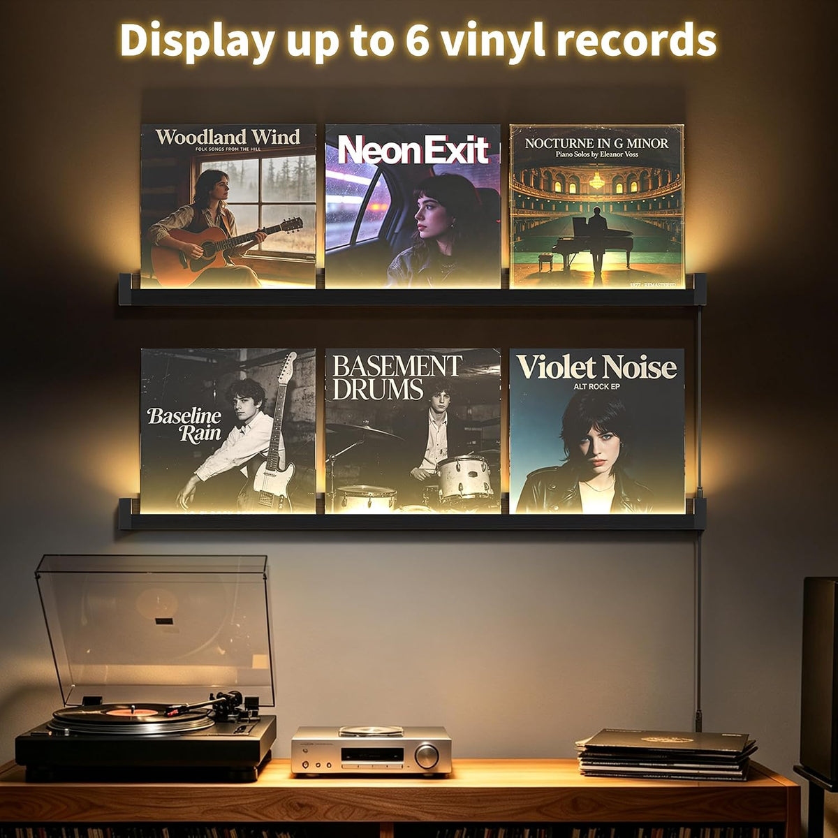 Vinyl Record Shelf Wall Mount with LED Lights