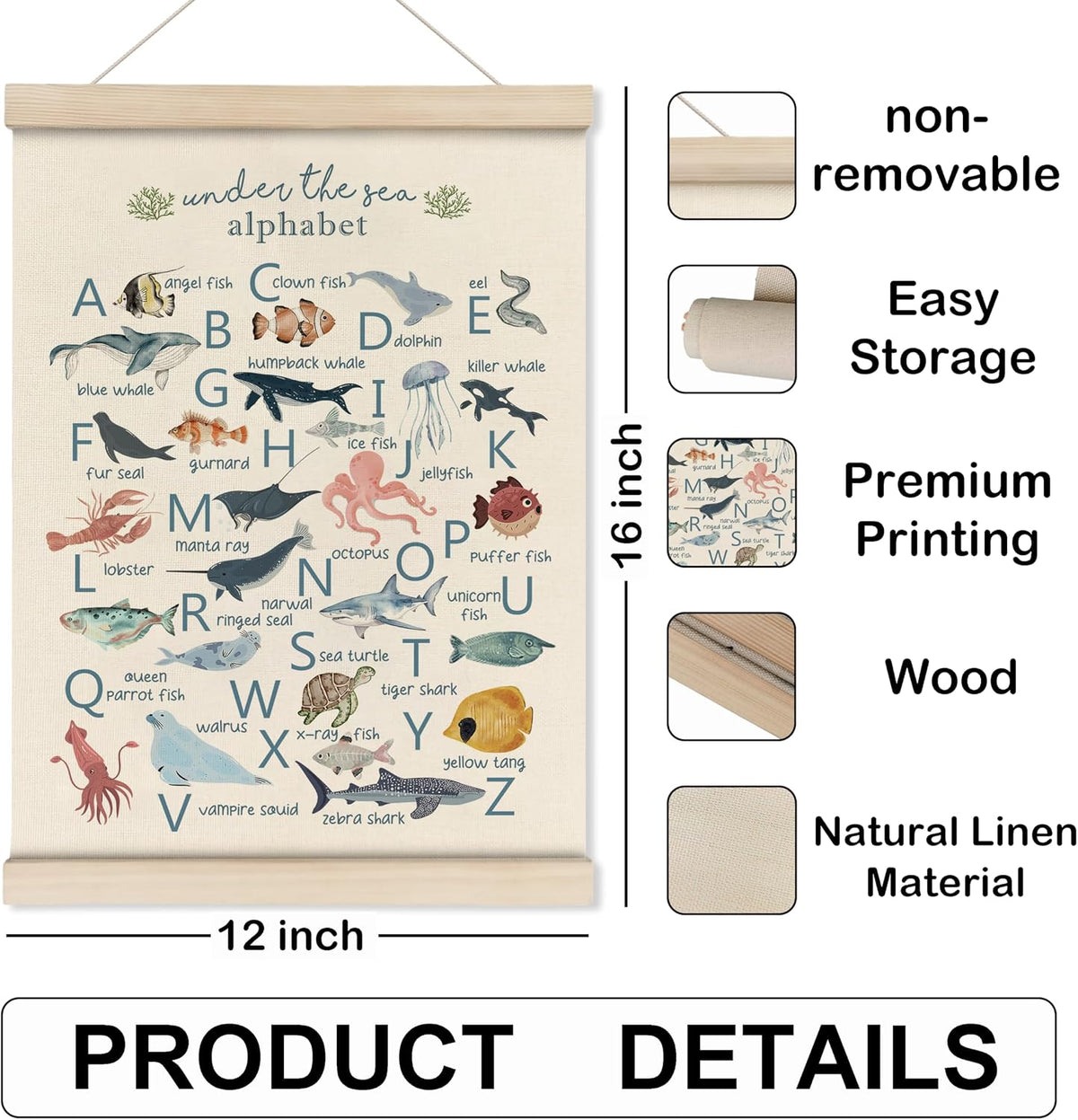 HRQKO Ocean Alphabet Poster Hanger Frame, Ocean Nursery Decor, Sea Animal Wall Decor, ABC Poster Wall Art with Wooden Frames, Alphabet Banner Wall Hanging Decor for Classroom Kids Playroom,12x16 Inch