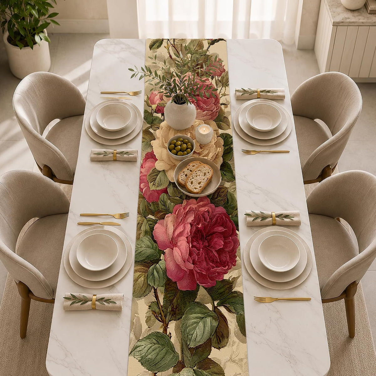 Vintage Peony Flower Table Runner,13 x 70 Inch Linen Kitchen Dining Table Runner for Coffee Table Dresser Wedding Home Party Decor