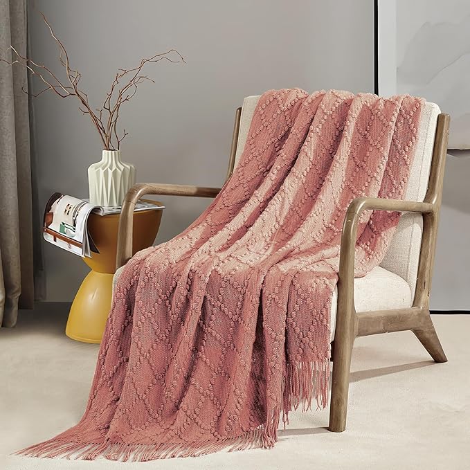 BOURINA Coral Pink Throw Blanket 50 x70 Inches Jacquard Argyle Throw Textured - Image 2