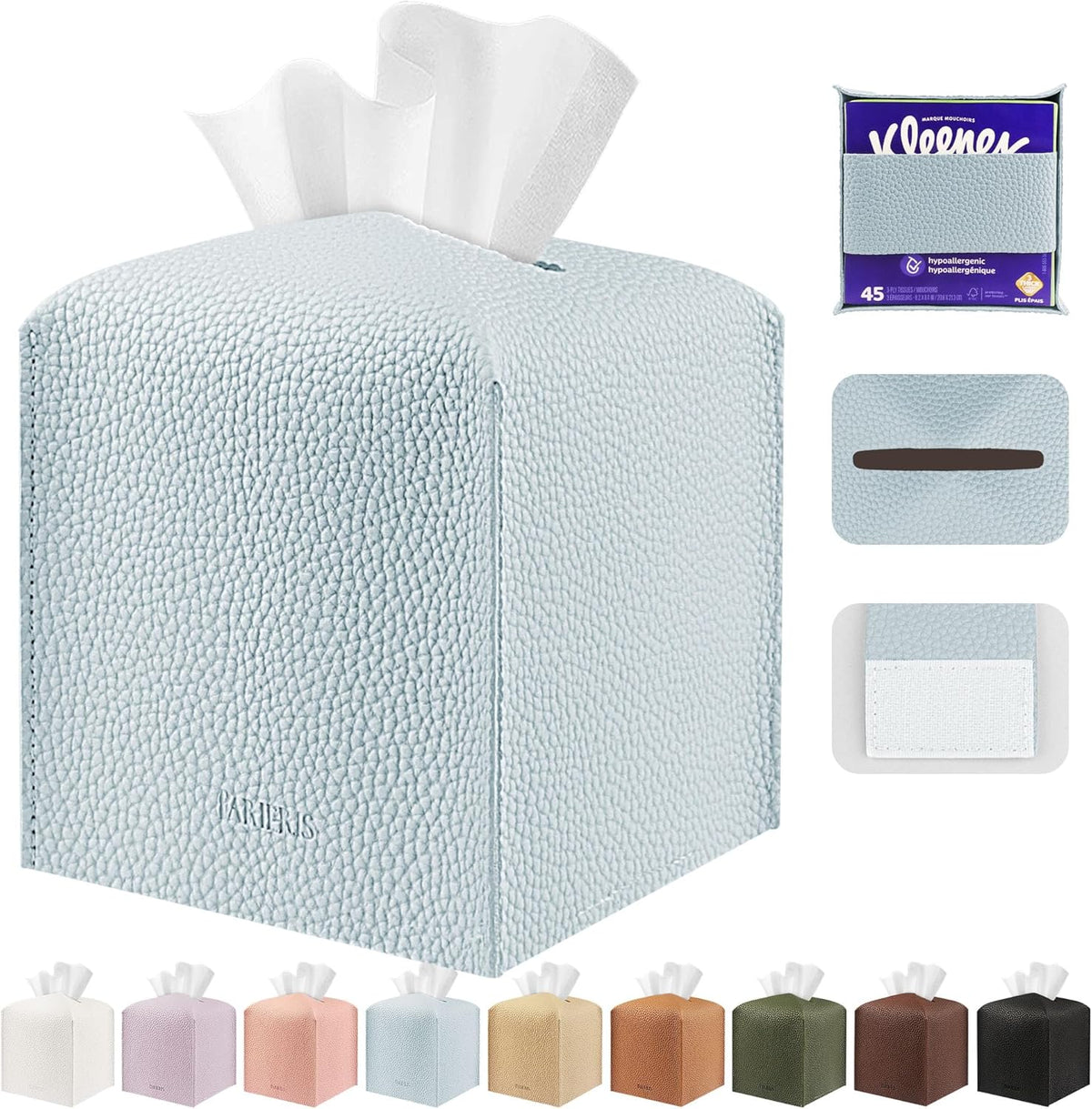 Tissue Box Cover Holder Square Tissue Cube Cover PU Leather Tissue Organizer with Bottom Belt for Bathroom, Tabletop, Car, Night Stands, Office, Home, Kitchen (2, Off White)