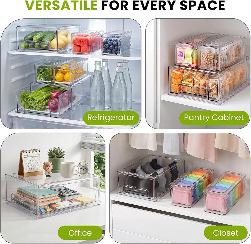 6Pack Fridge Organizers and Storage with Drain Trays,BPA-Free PET,Stackable