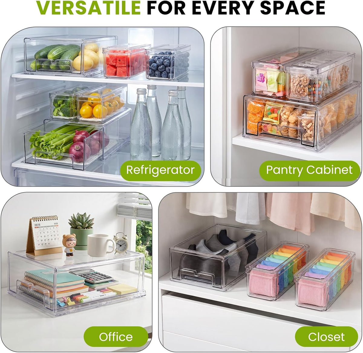 6Pack Fridge Organizers and Storage with Drain Trays,BPA-Free PET,Stackable