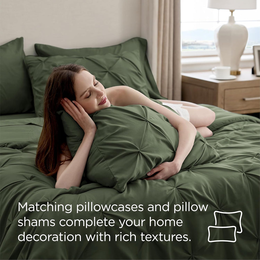 Bedsure 7-Piece Olive Green Comforter & Sheet Set, Queen Bed in a Bag