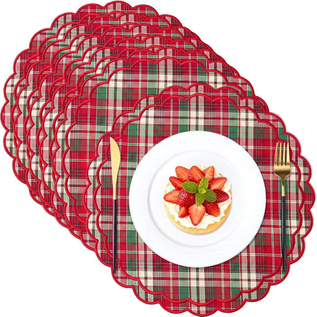 Set of 6 Round Cotton Linen Placemats, Linen with White, 15 Inch