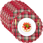 Set of 6 Round Cotton Linen Placemats, Linen with White, 15 Inch