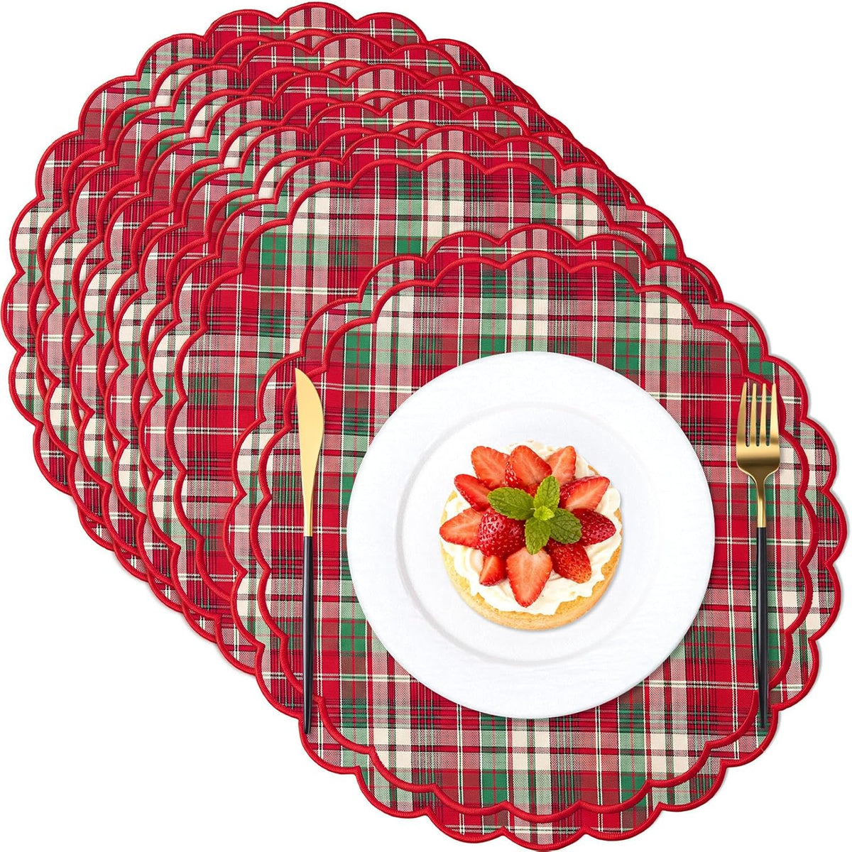Set of 6 Round Cotton Linen Placemats, Linen with White, 15 Inch