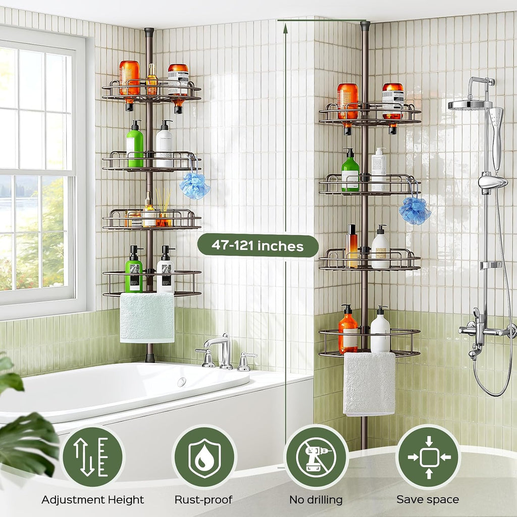 HAMITOR Corner Bathroom Organizer, 4-Tier Tension Pole Shower Caddy, Bronze