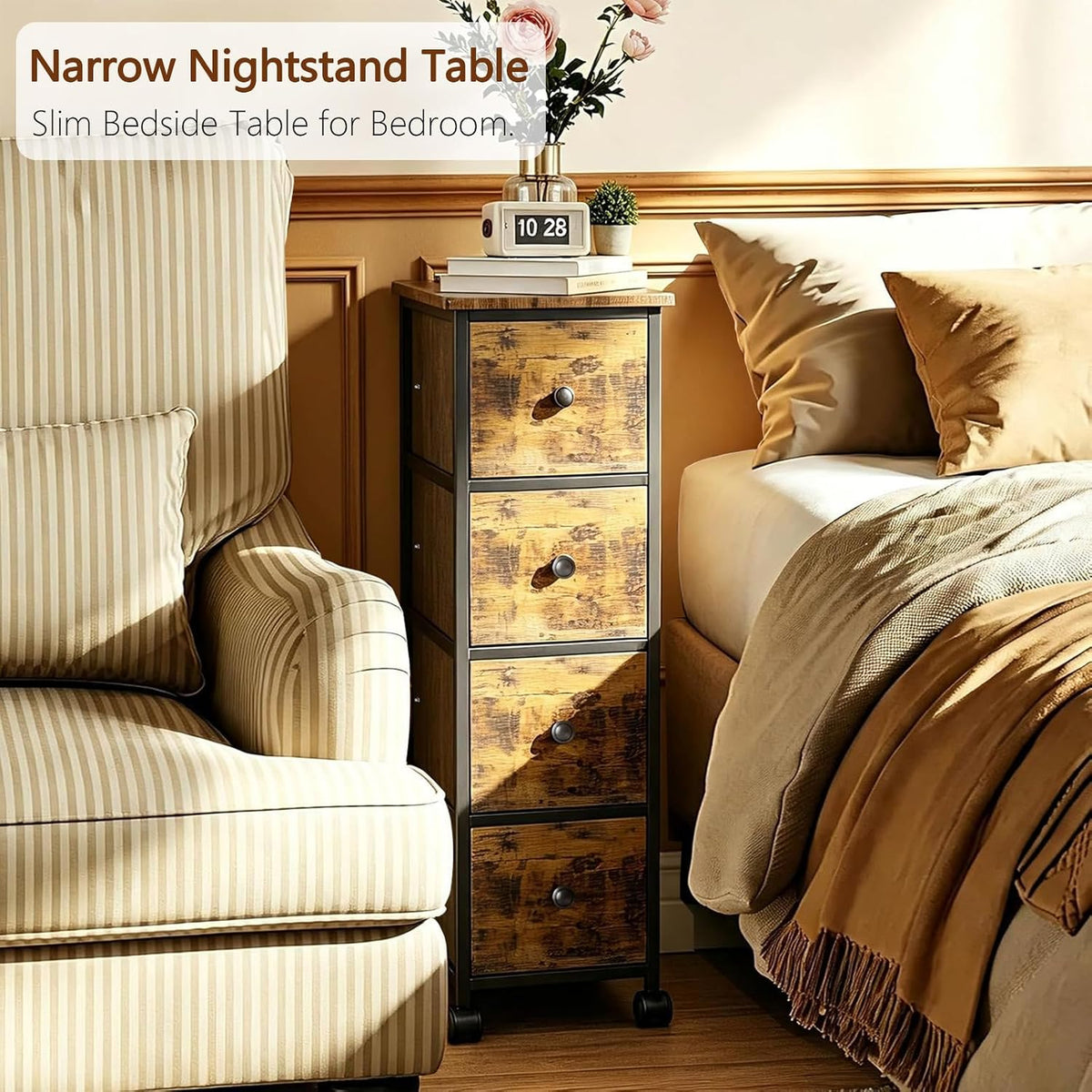 Narrow Nightstand with 4 Drawers, Slim Bedside Table for Small Space