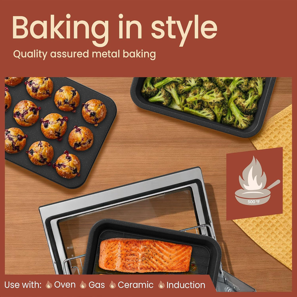 Bakken 4-Piece Bakeware Sets, Nonstick Carbon Steel Baking Sheet, Stackable Space-Saving Bakeware, Dishwasher Safe, Stain-resistant, PFOA, PFOS, & PTFE Free, Oven Safe Up To 450°F, Gray Marble
