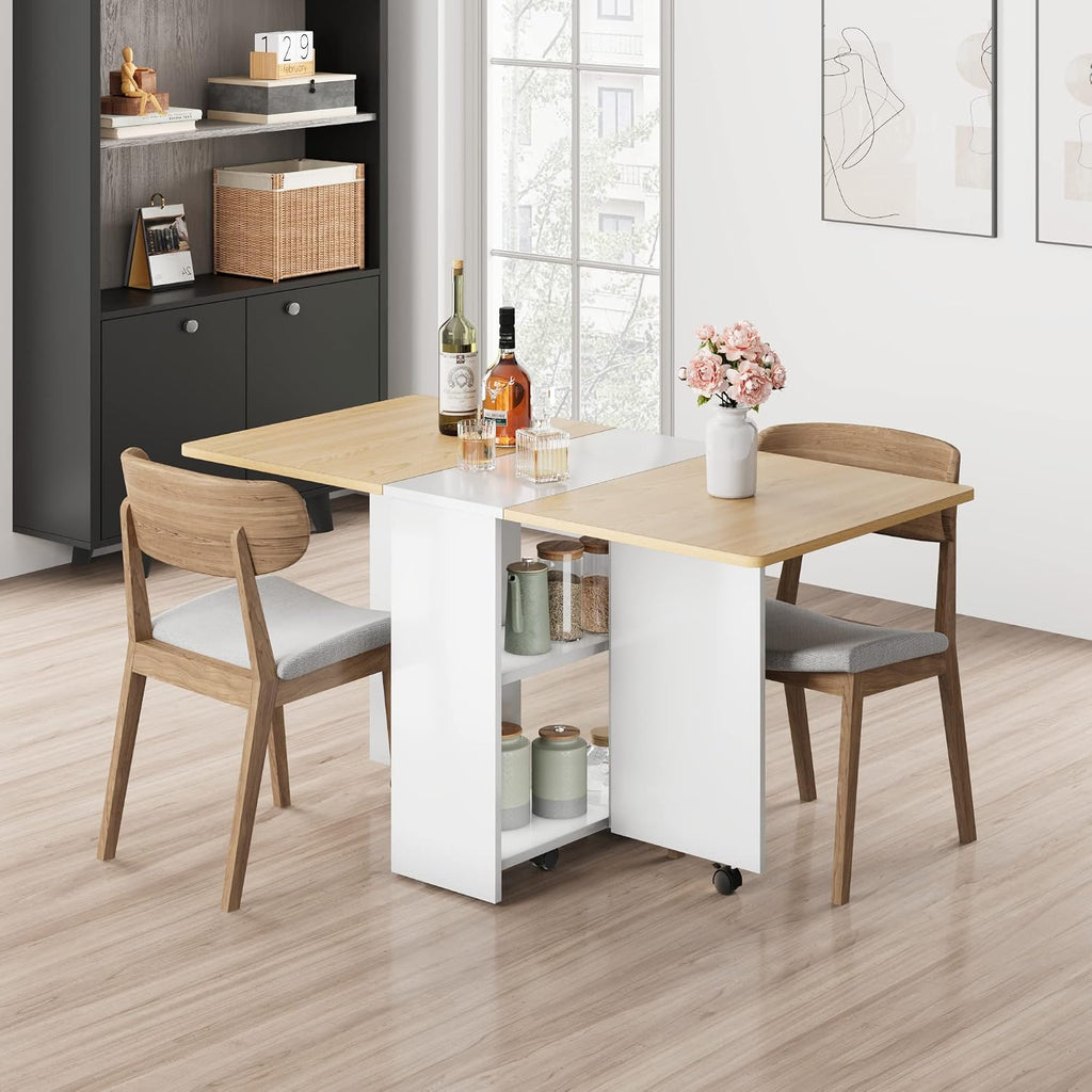 Space Saving Folding Dining Table with Drop Leaf 2 Storage Racks & 6 Wheels Extendable, Collapsible Table for Kitchen, Office, or Dining Room Light Wood Grain Flap + White Cabinet,