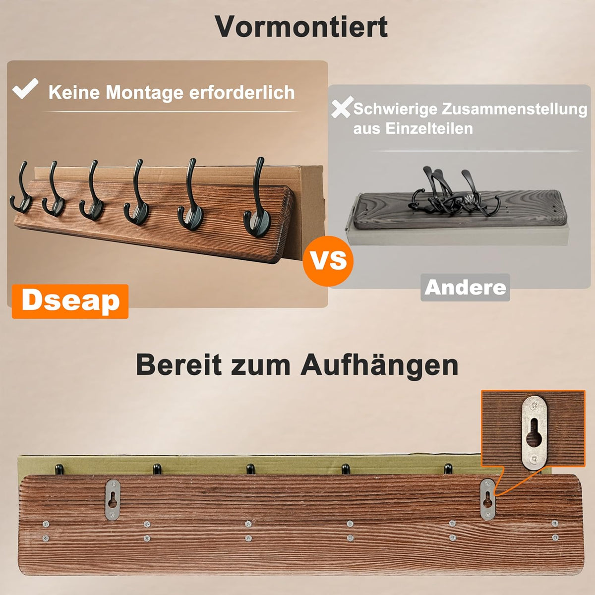 Coat Rack Wall: 24" Long, Patented, Heavy-Duty, 6-Double-Hooks Wooden Wall Mounted Coat Rack Coat Hanger Hook Rail for Winter Coats Hat Jacket Clothing, Natural & Black