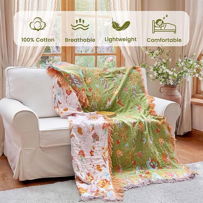 MSGKV Boho Throw Blanket 90"x108" Floral 100% Cotton Blanket - Image 2