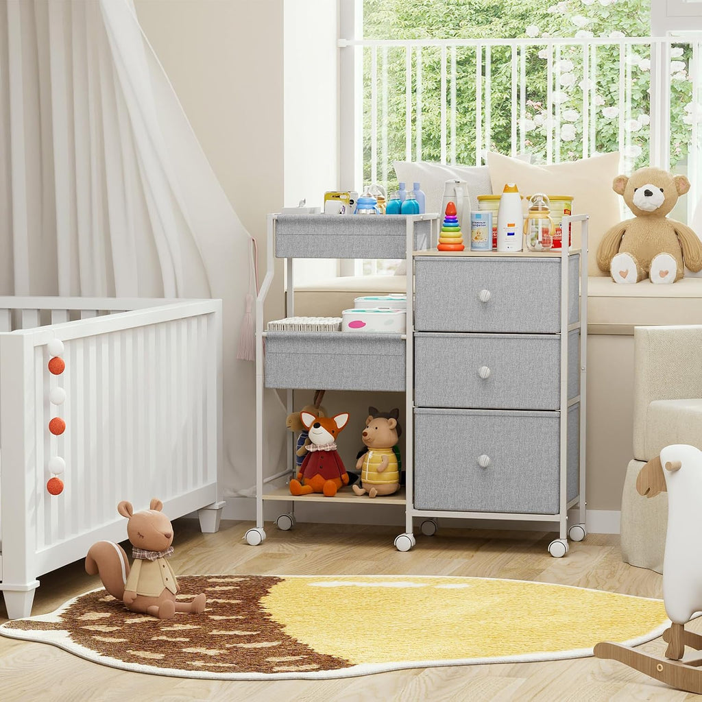 Baby Diaper Caddy Organizer Rolling Cart with Drawers, Light Gray