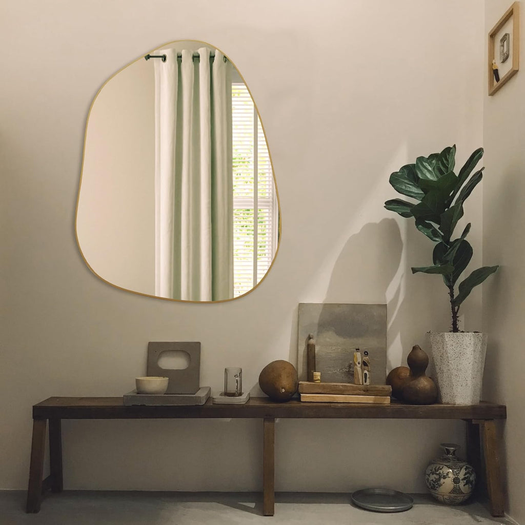 PERFNIQUE Irregular Asymmetrical Wall Mirror, 32"x24" Gold Bathroom Mirror