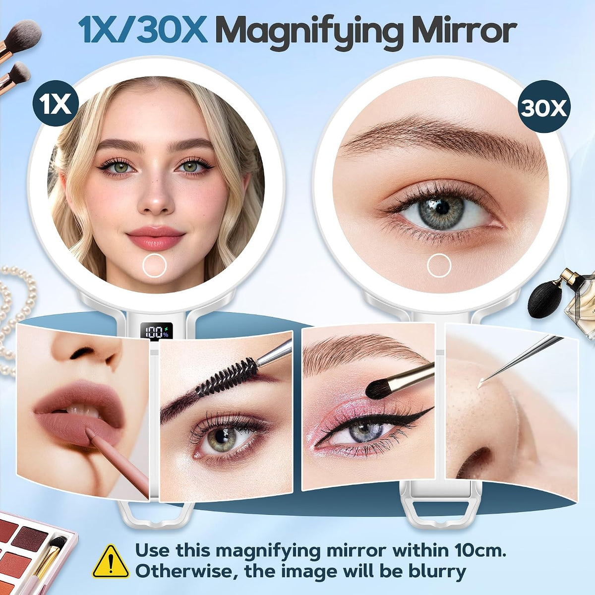 30X Travel Magnifying Mirror with Light, Height Adjustable Vanity Mirror with Phone Holder Stand, Portable Compact Handheld Makeup Mirror with Smart Display for Travel, Daily Makeup Use, White