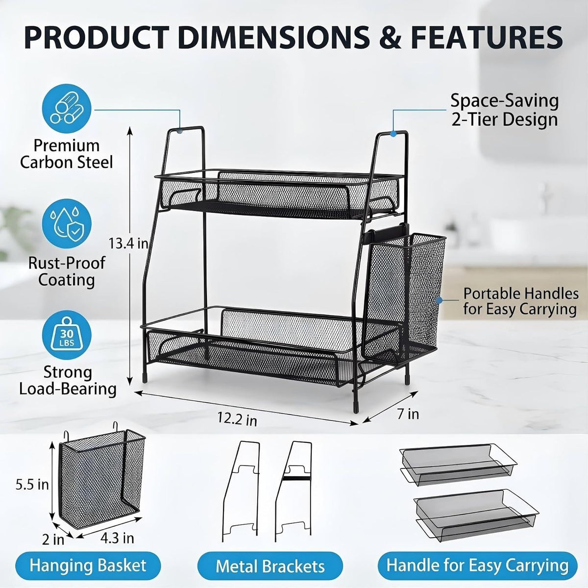 2-Tier Bathroom Countertop Organizer,Skincare, Makeup Countertop Organizers, Kitchen, Bathroom Counter Storage with Small Basket (Black)