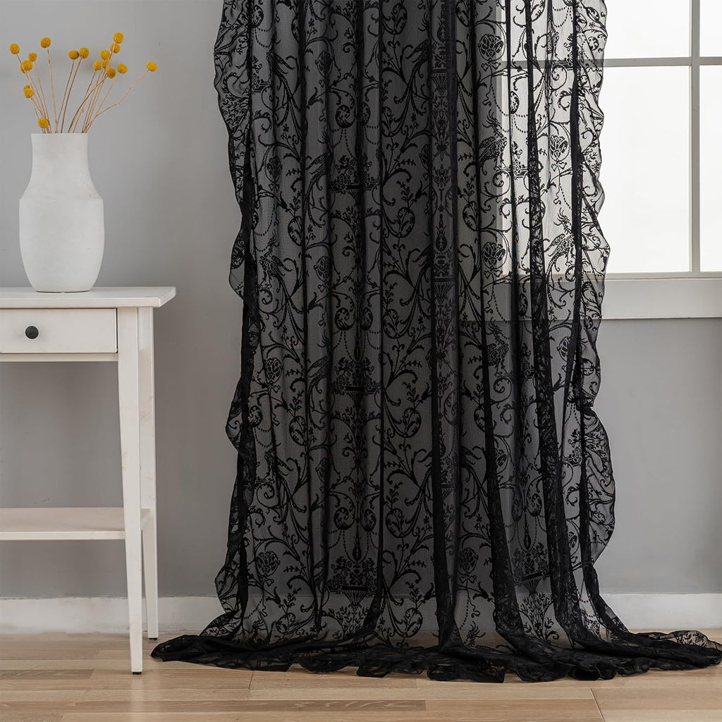 TUDECO Black Sheer Curtains 84 Inches Long - Shabby Chic Knitted Floral Halloween Decor, Lace Curtains Privacy Goth/Witchy Dark Window Treatments for Living Room Rod Pocket 1 Pair, 59 x 84 Inch