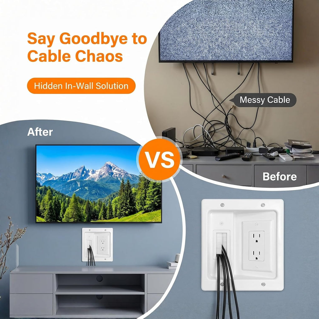 in-Wall TV Cable Management Kit with Recessed Outlet Box & Brush Wall Plate