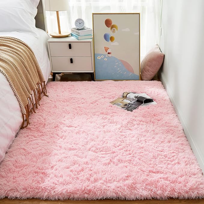 Ophanie Pink Rug for Bedroom Girls, Kids Fluffy Kawaii Fuzzy Furry Shag Area Rug - Image 3