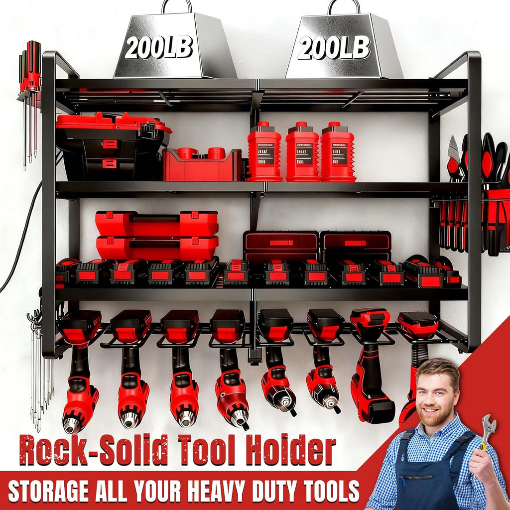 Large Power Tool Organizer Wall Mount, 4 Layer Heavy Duty 8 Cordless Drill Holder Tool Storage Rack, Load 400lbs Utility Power Tool Rack for Garage,Workbench,Workshop,Gifts for Men