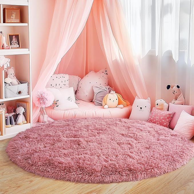 3'x3' Blush Round Rugs for Girls Bedroom, Ultra Soft Fluffy Circle Rug for Kids - Image 2