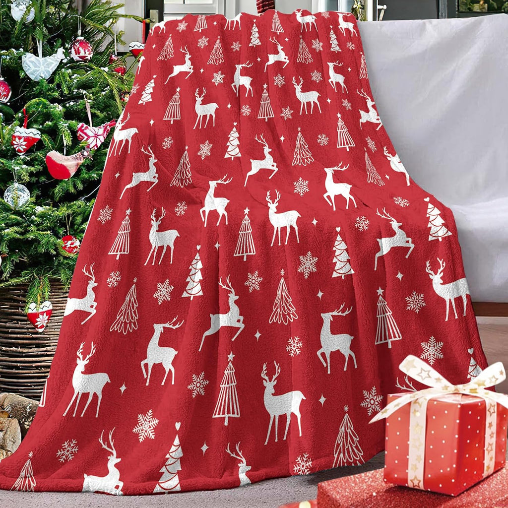 Christmas Tree Reindeer Red Flannel Throw Blanket