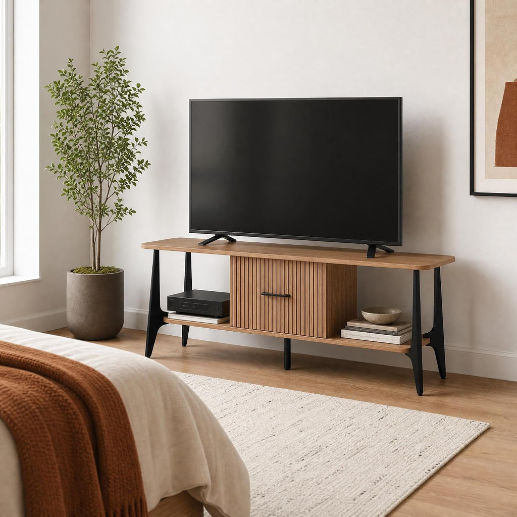 MWOOD Modern TV Stand, Fluted Media Console with Storage, Open Shelves, Oak