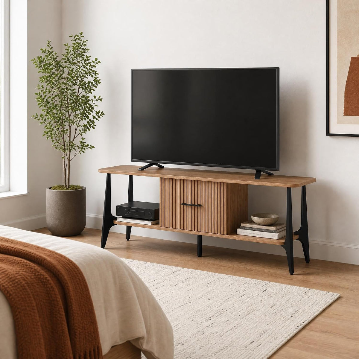 MWOOD Modern TV Stand, Fluted Media Console with Storage, Open Shelves, Oak