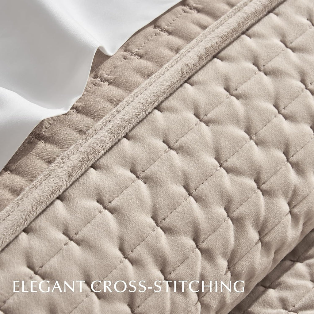 EverGrace Cross-Stitch Velvet Quilt Set, King Size, Light Taupe