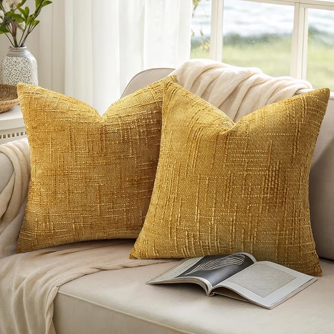 decorUhome Summer Mustard Yellow Chenille Euro Sham Throw Pillow Covers 24x24 - Image 9