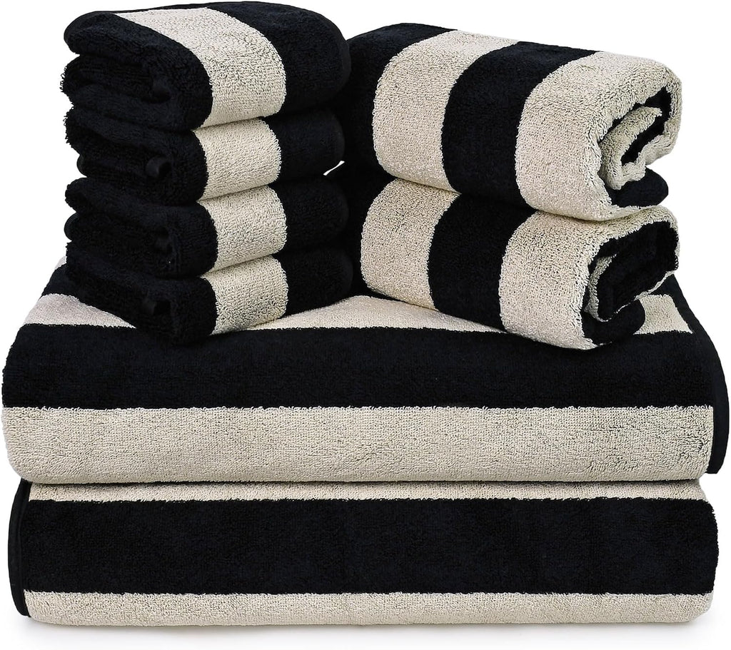 Black Striped Towels Set for Bathroom, 8 Piece Cotton Towels