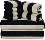 Black Striped Towels Set for Bathroom, 8 Piece Cotton Towels