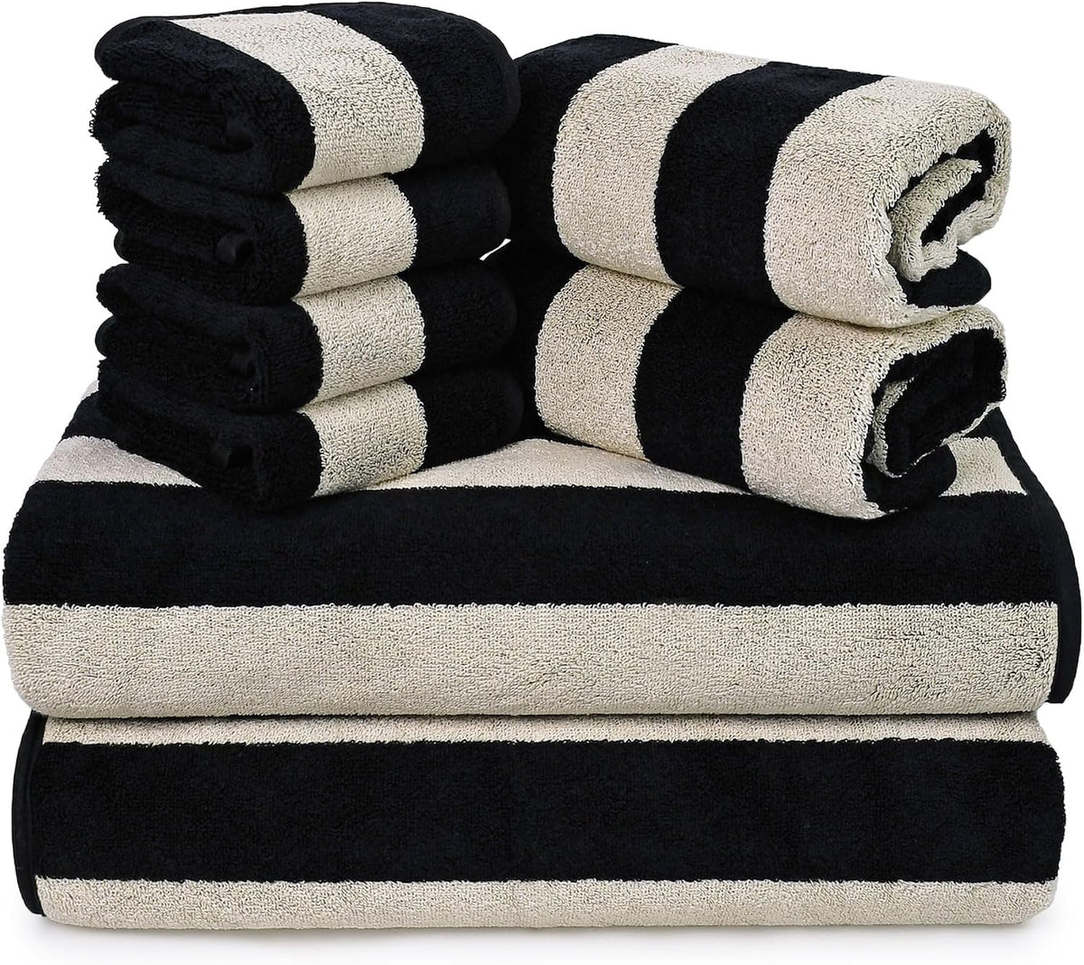 Black Striped Towels Set for Bathroom, 8 Piece Cotton Towels