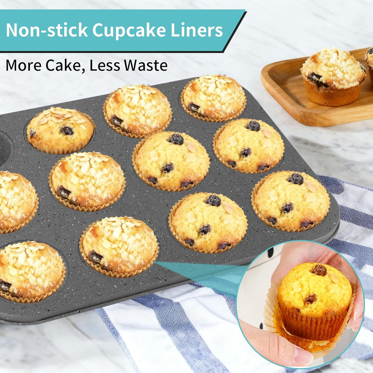 Baking Pans Set, 5 Piece Grey Marble Bakeware with Cupcake Liners