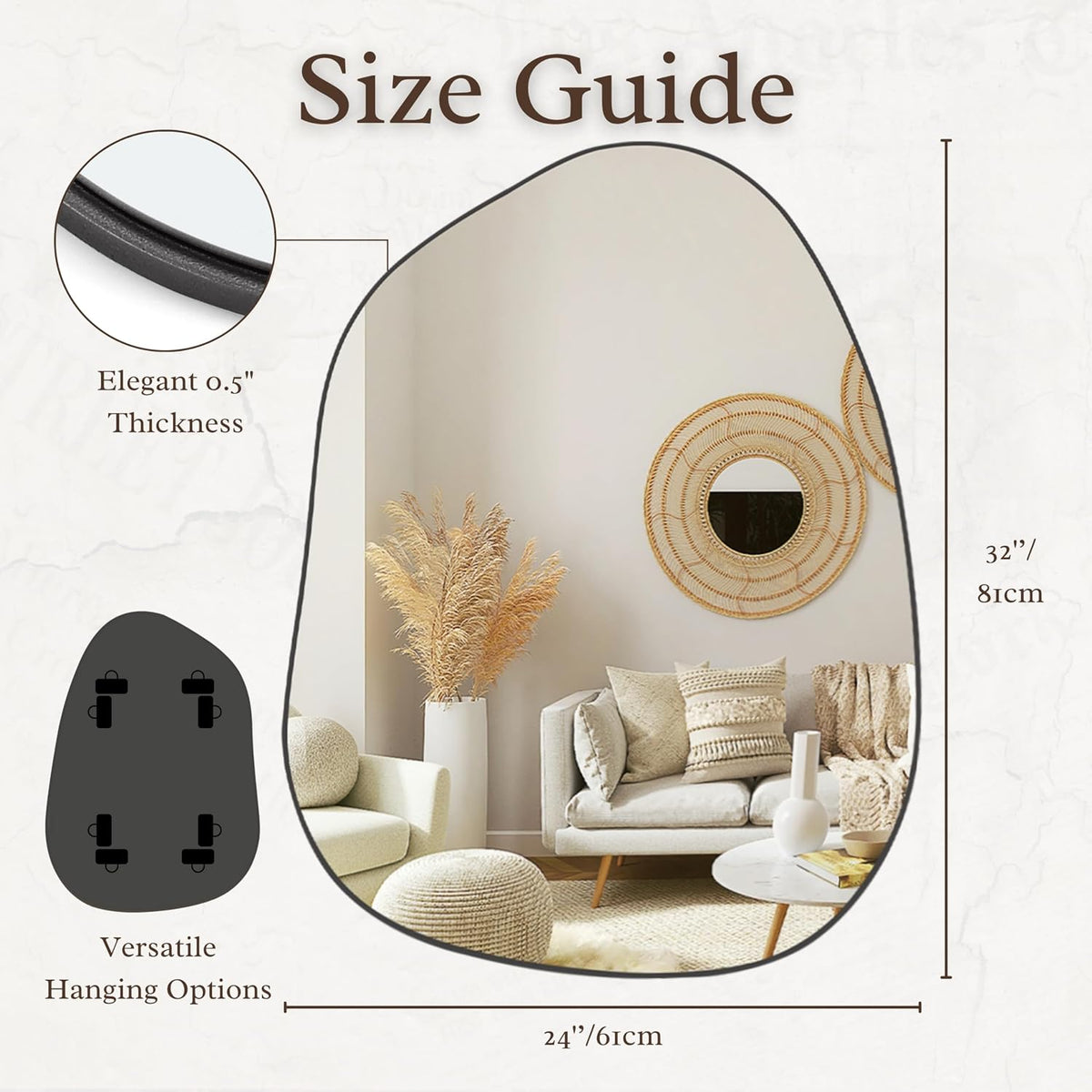 PERFNIQUE Irregular Asymmetrical Wall Mirror, 32"x24" Black Bathroom Mirror