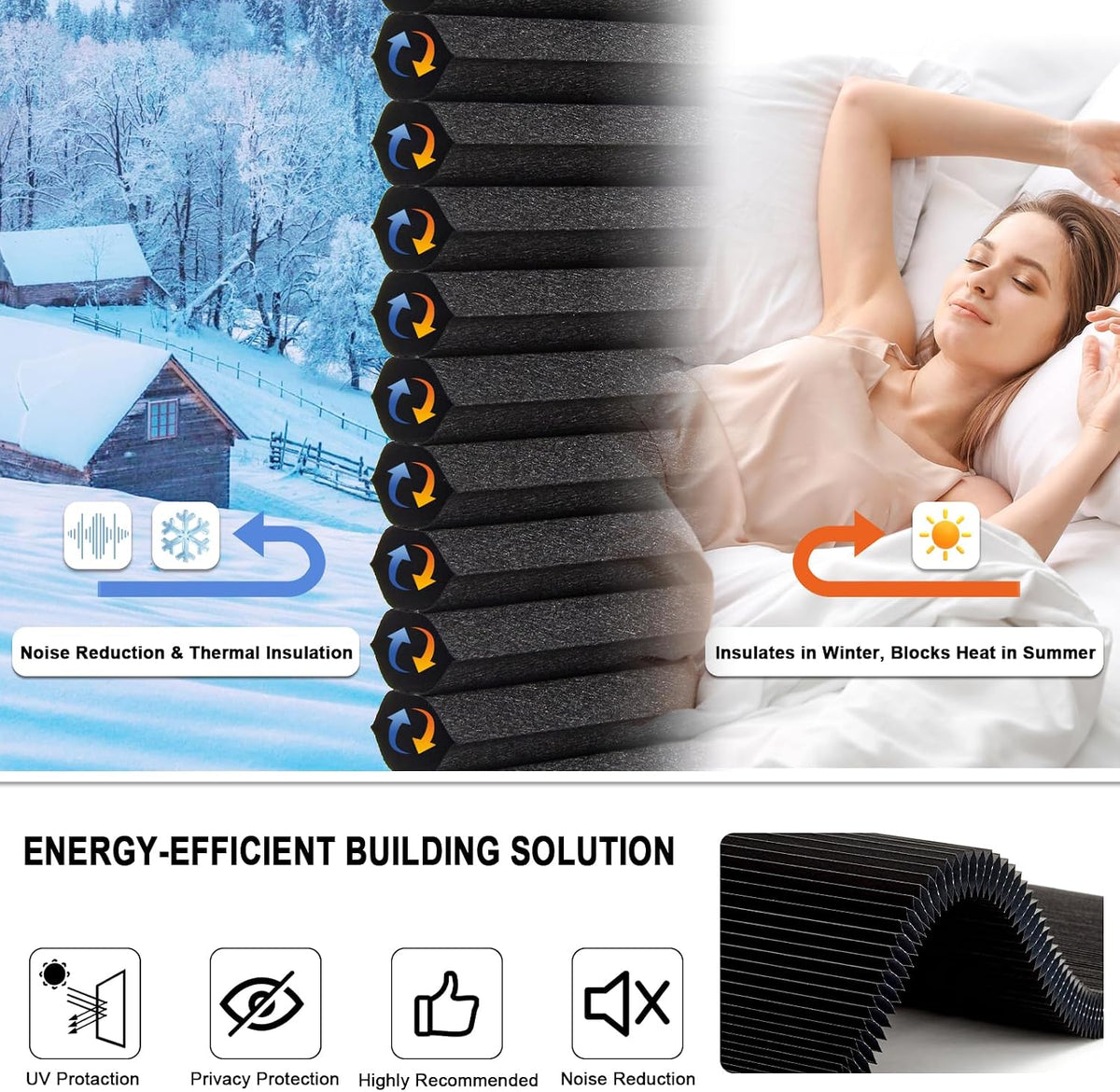 Tonature No Drill Cellular Shades for Indoor Windows, Thermal Insulating & Noise Reducing Honeycomb Blinds, Free Stop Cordless Blackout Shades, Black, 34 1/2" W x 64" H
